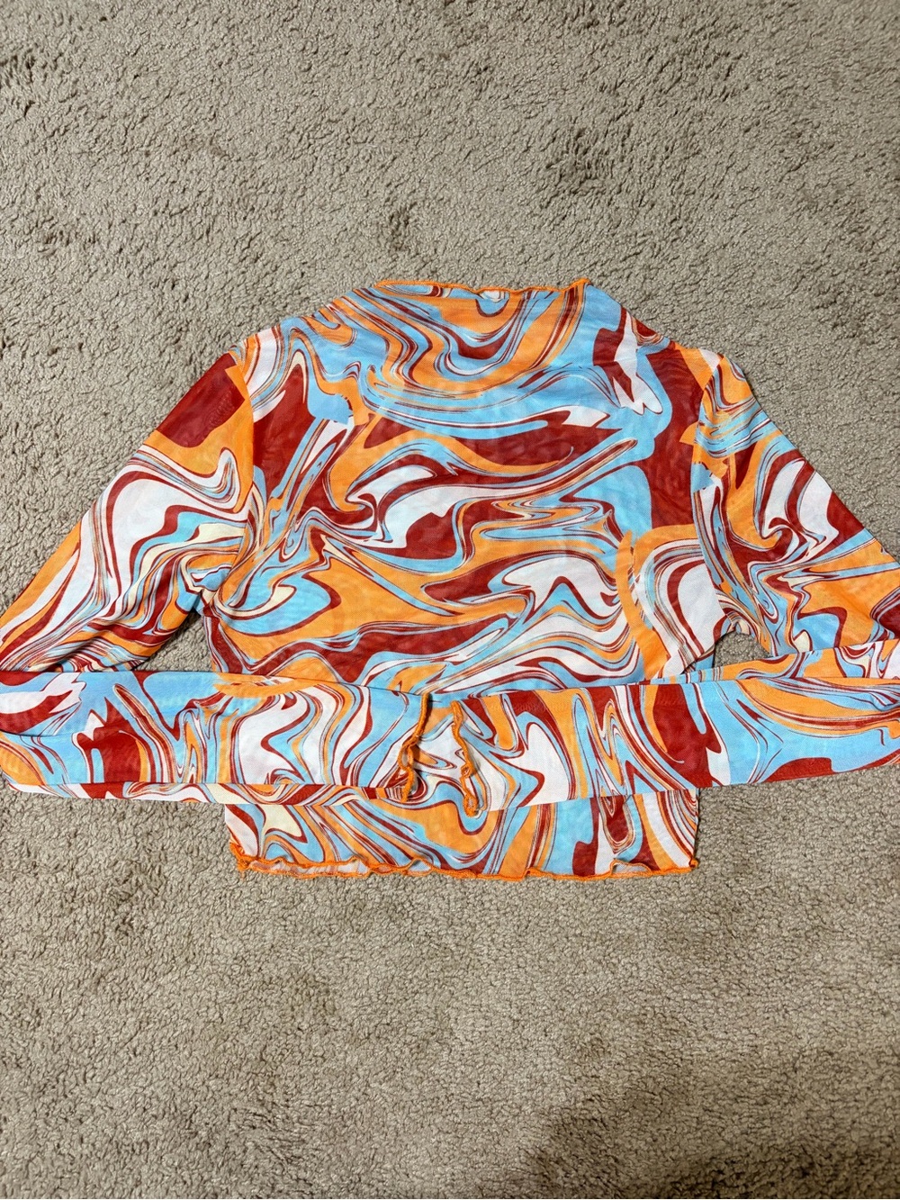 Zara Swirl-Print Long Sleeve Crop Top in Orange, Blue & Red